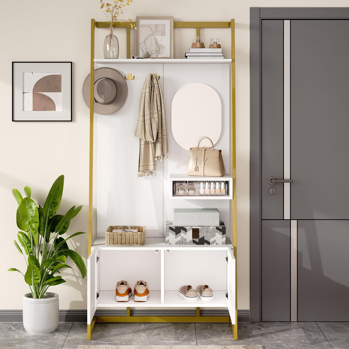 GARDEROBE 78/180,5/38,5 cm Weiß aus MDF mit Spiegel und Schuhschrank - Weiß, Holzwerkstoff (38.5/180.5/78cm) - OKMYHOME