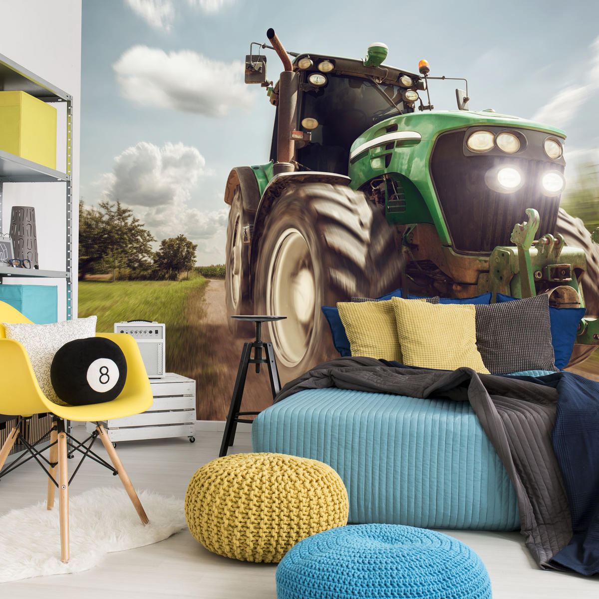 FOTOTAPETA Jazdiaci Traktor Stromy Vegetácia Poľnohospodárstvo 300 x 210 cm - čierna/biela, papier (300/210cm) - Muralo