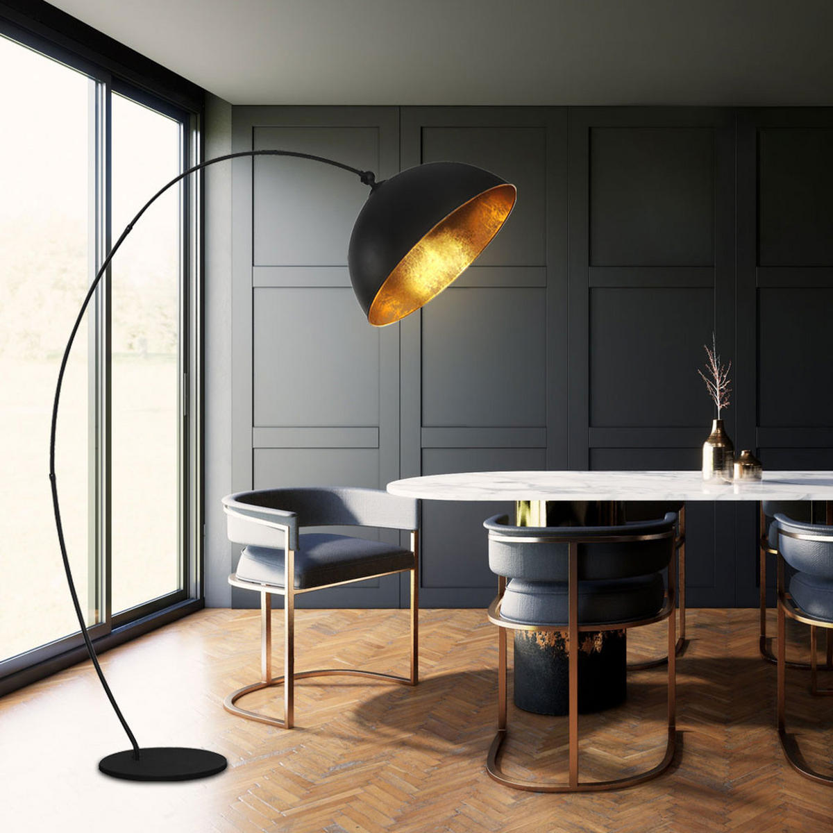 LED STEHLEUCHTE Blattgold Schwarz Matt - Schwarz, Metall (115/45/182cm) - Globo Lighting