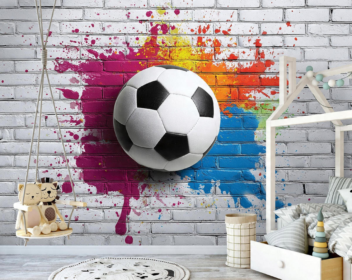 FOTOTAPETE Kinderzimmer Junge 3D Effekt Fußball 350x250 - Multicolor, Papier (350/250cm) - Wallarena