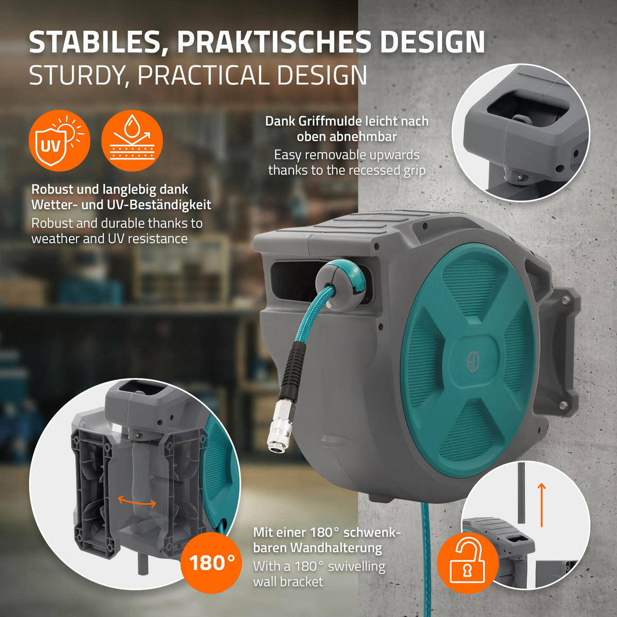 DRUCKLUFTSCHLAUCHTROMMEL 30m+2m - Grau, Kunststoff (20/40/55cm) - ECD-Germany