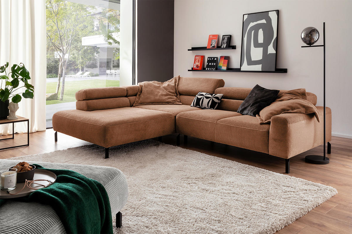 ECKSOFA DELIA Braun Cord - Dunkelbraun/Schwarz, Textil/Metall (312/219cm) - KAWOLA