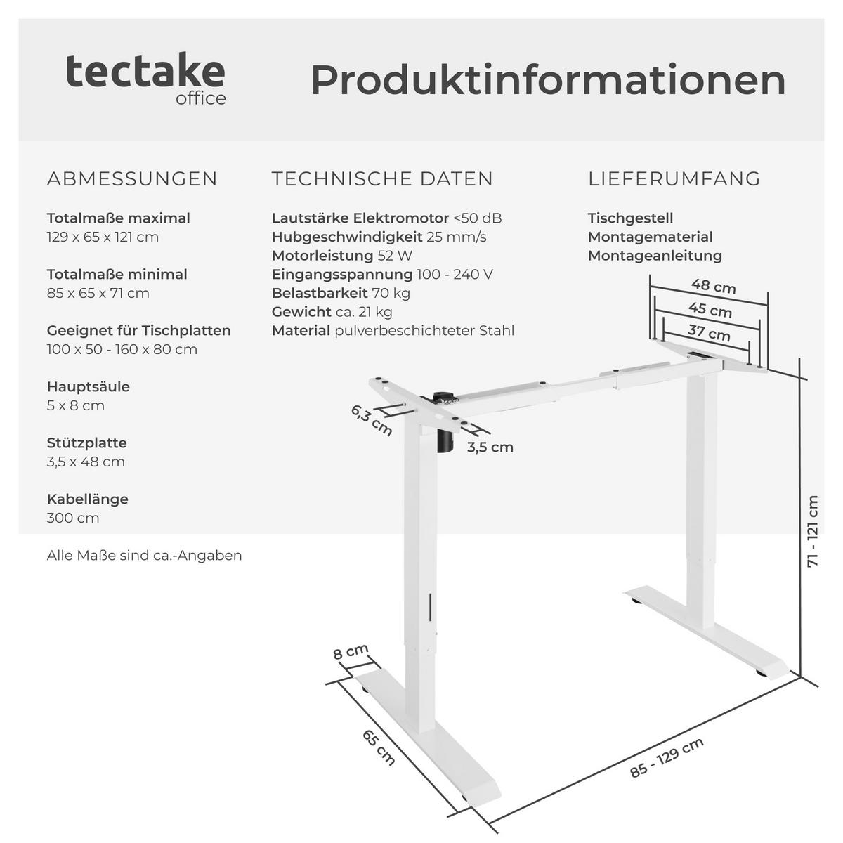TISCHGESTELL Yannick,85 - 129 x 65 x 71 - 121 cm,weiß - Weiß, Metall (129/65/121cm) - tectake