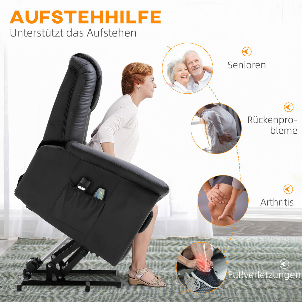 FERNSEHSESSEL mit Aufstehhilfe, Schwarz - Schwarz, Kunststoff/Metall (95/106/93cm) - HOMCOM