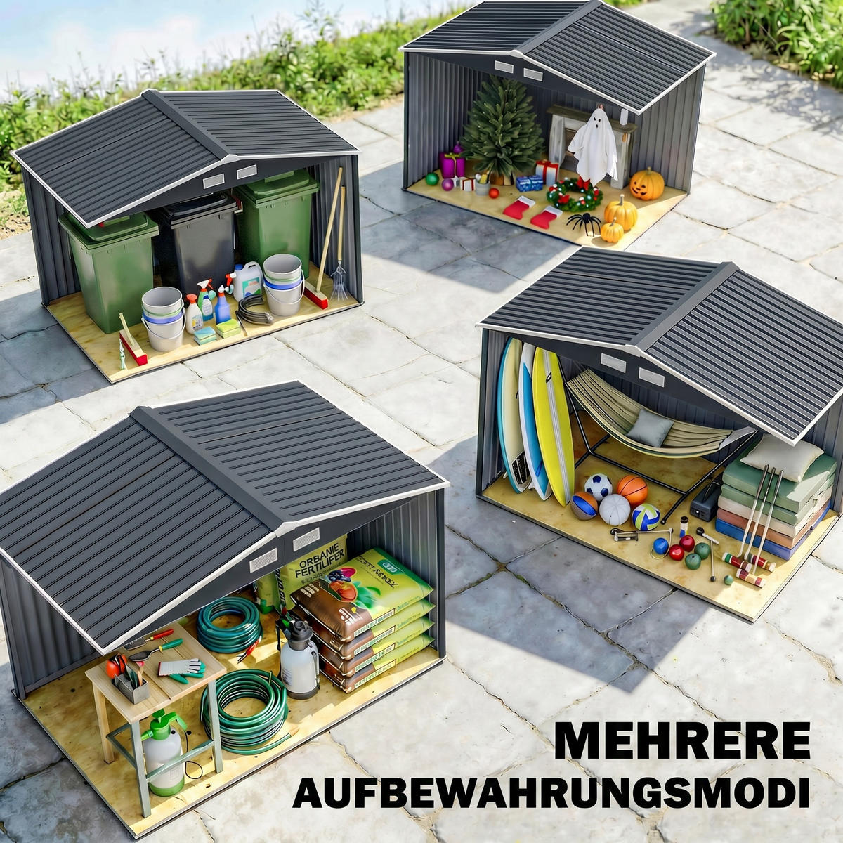 GERÄTEHAUS DE-16834 5,4 m² mit Schiebetür & Fundament-Set Dunkelgrau - Dunkelgrau, Metall (195/192/277cm) - ComfortXL