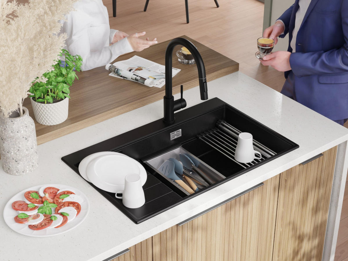SPÜLBECKEN Sydney, 2-er set Alles Schwarz 78/50 cm 1 Becken + Ablauf-Set + Küchenzubehörset ab 60er Unterschrank - Schwarz, Kunststoff (78/20/50cm) - Primagran
