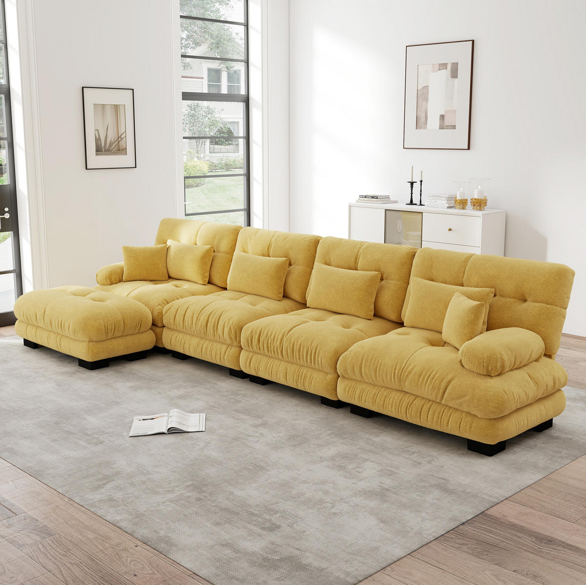 ECKSOFA 406/145/81 cm gelb aus Chenille mit modularem Ottoman - Gelb, Textil (145/406cm) - OKWISH
