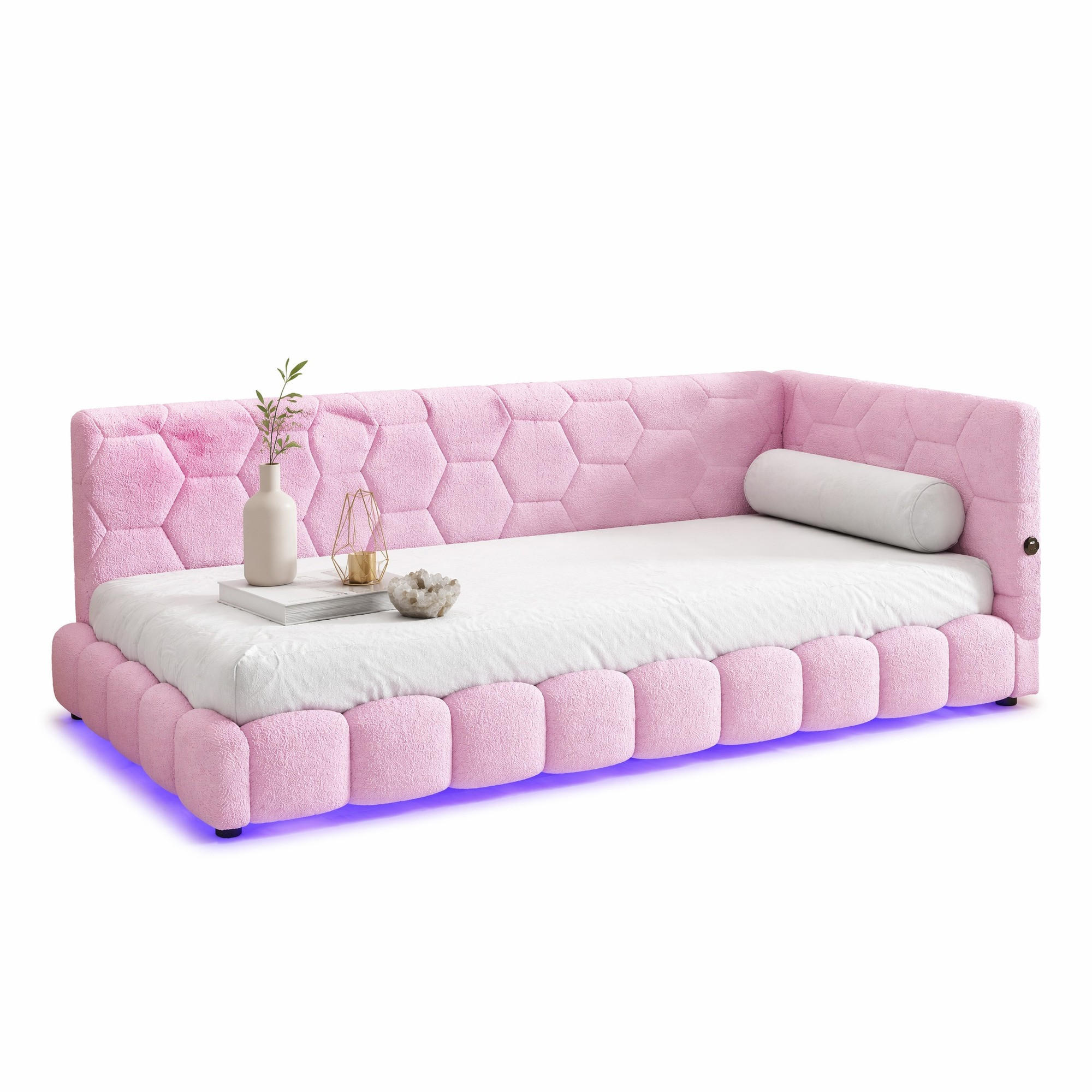 SCHLAFSOFA 90/200 cm in Rosa Samt mit LED, USB und Type-C - Rosa, Holzwerkstoff/Textil (90/200cm) - CHICFURN