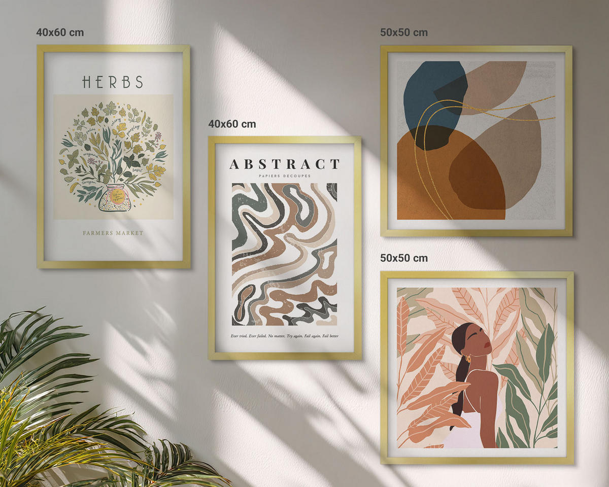 BILDER SET 4er Set - 50x50 cm & 40x60 cm Goldrahmen - Boho-Ästhetik, Pastellposter - Goldfarben, Kunststoff (50/50cm) - TULUP