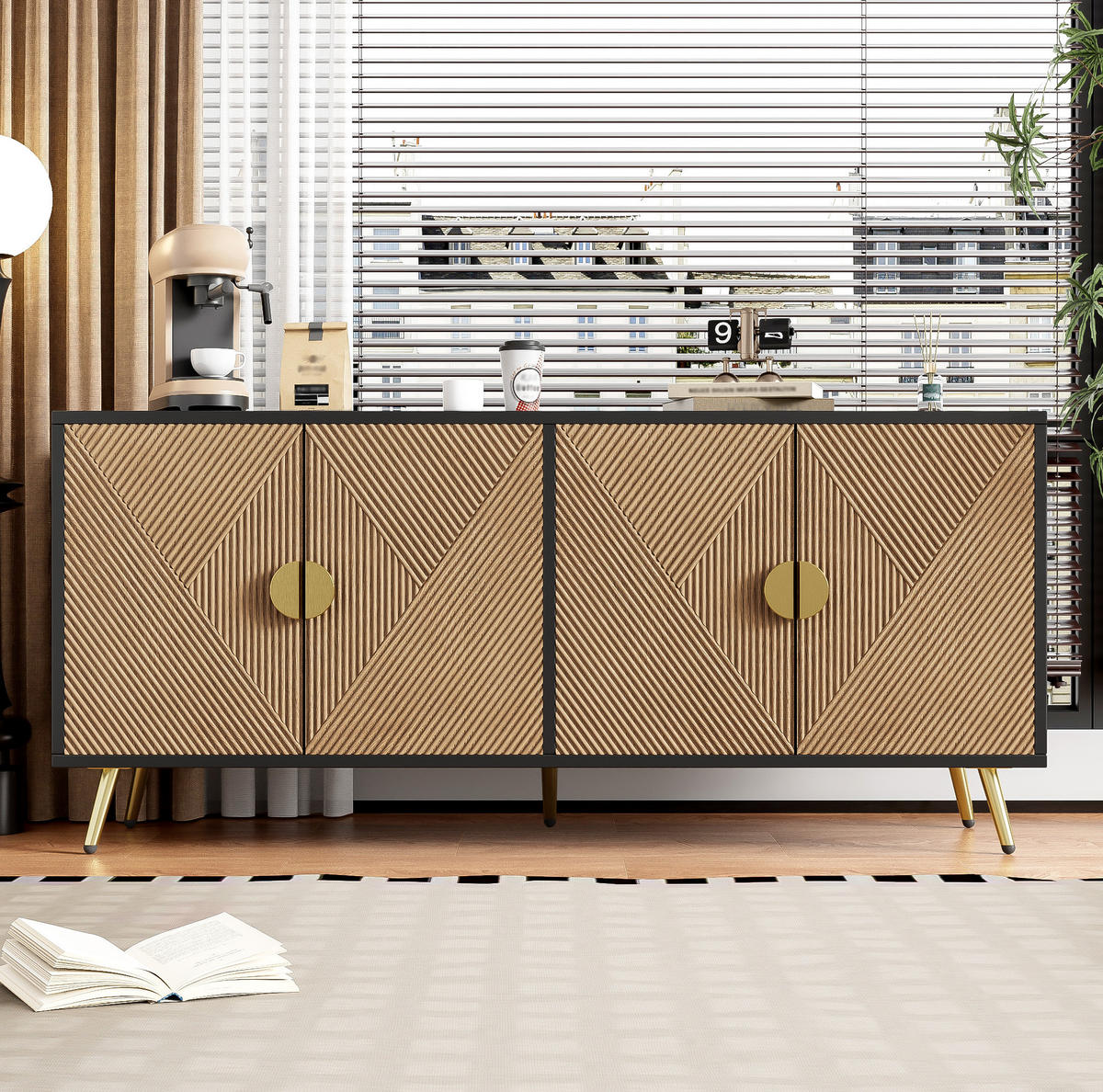 SIDEBOARD 4-türig 160 x 40 x 75 cm Schwarz Holzoptik - Schwarz, Holzwerkstoff (160/75/40cm) - Meubliv