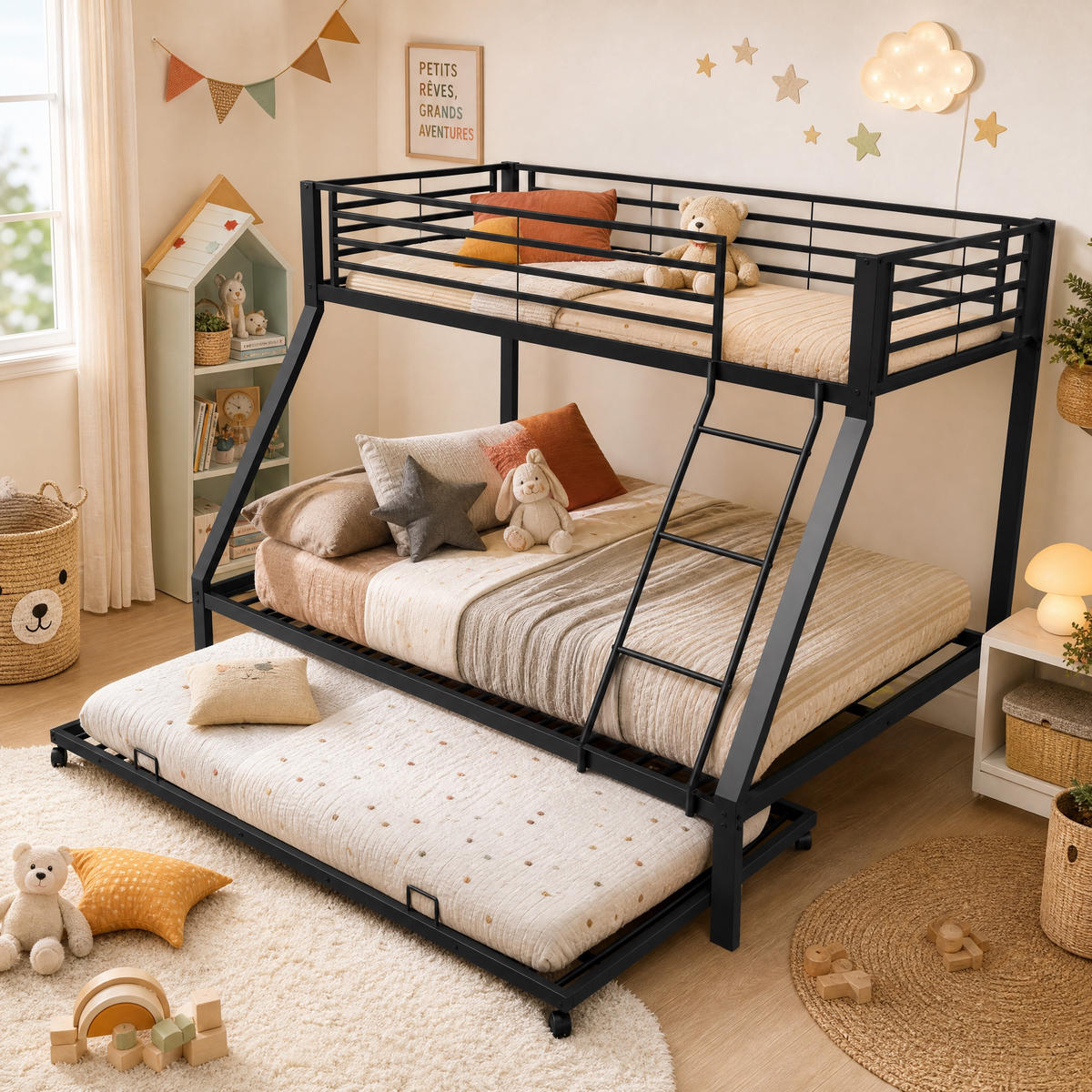 ETAGENBETT 90/140/200 cm mit Ausziehbett, DE-41956, in Schwarz - Schwarz, Metall (140/200cm) - ComfortXL