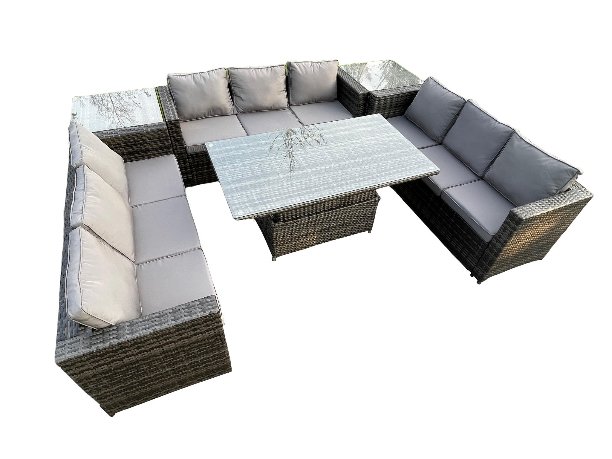 GARTENSET Polyrattan 9-Sitzer - Dunkelgrau/Grau, Glas/Kunststoff - Fimous
