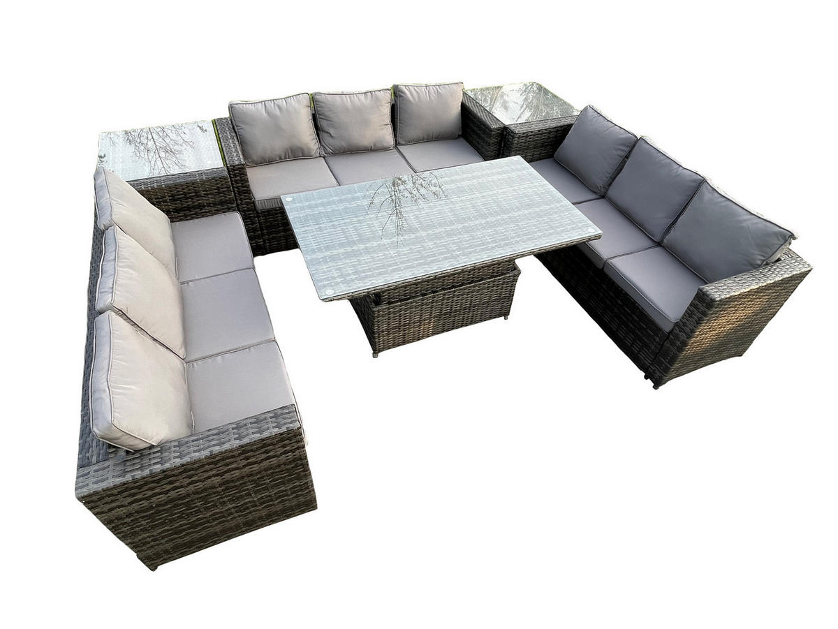 GARTENSET Polyrattan 9-Sitzer - Dunkelgrau/Grau, Glas/Kunststoff - Fimous
