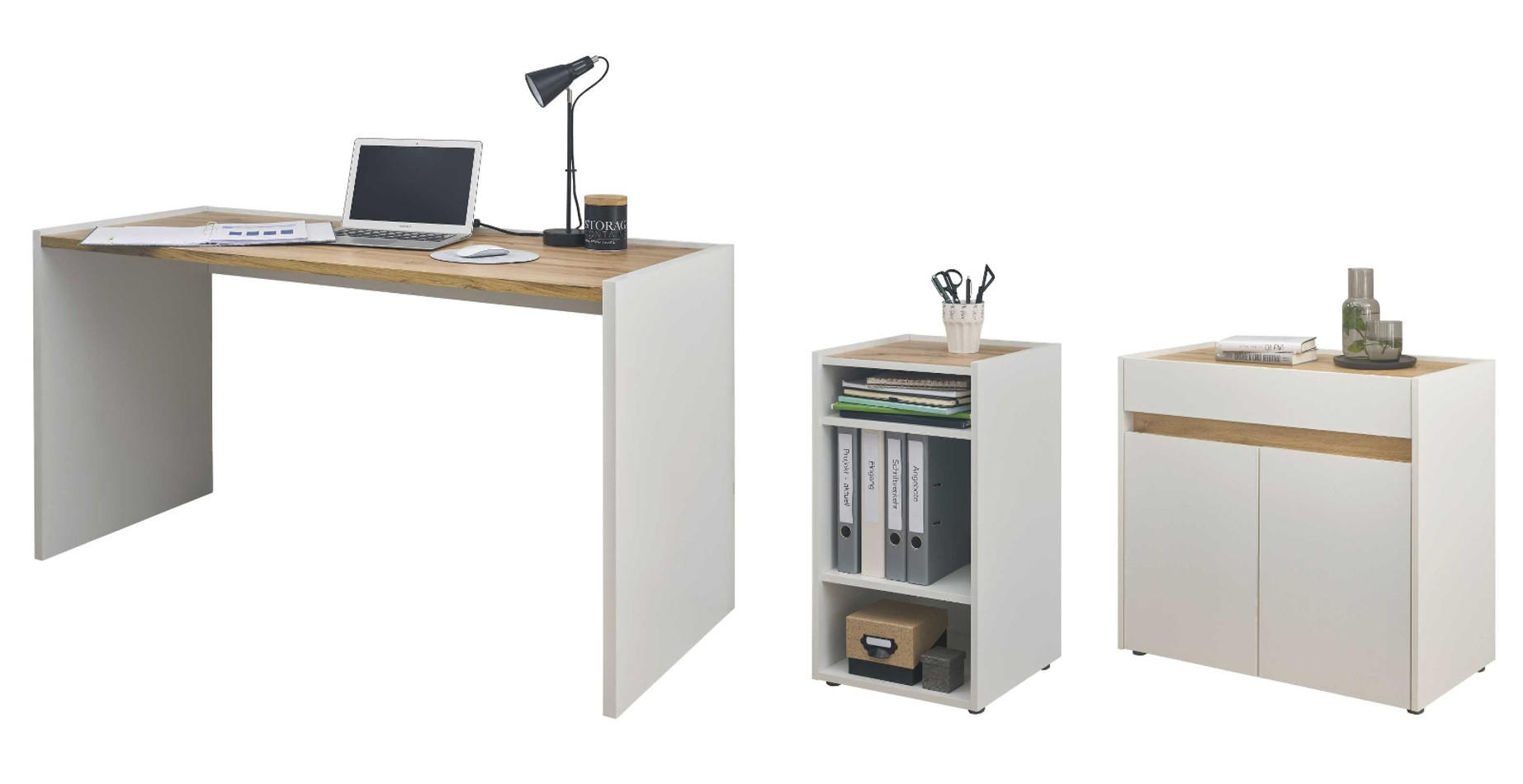 SCHREIBTISCHKOMBINATION 3-teilig weiß, Eiche Wotan 143 cm, Büromöbel Set mit Aktenregal und Kommode - Eichefarben/Silberfarben, Holzwerkstoff/Kunststoff (140/143/76cm) - Furn.Design