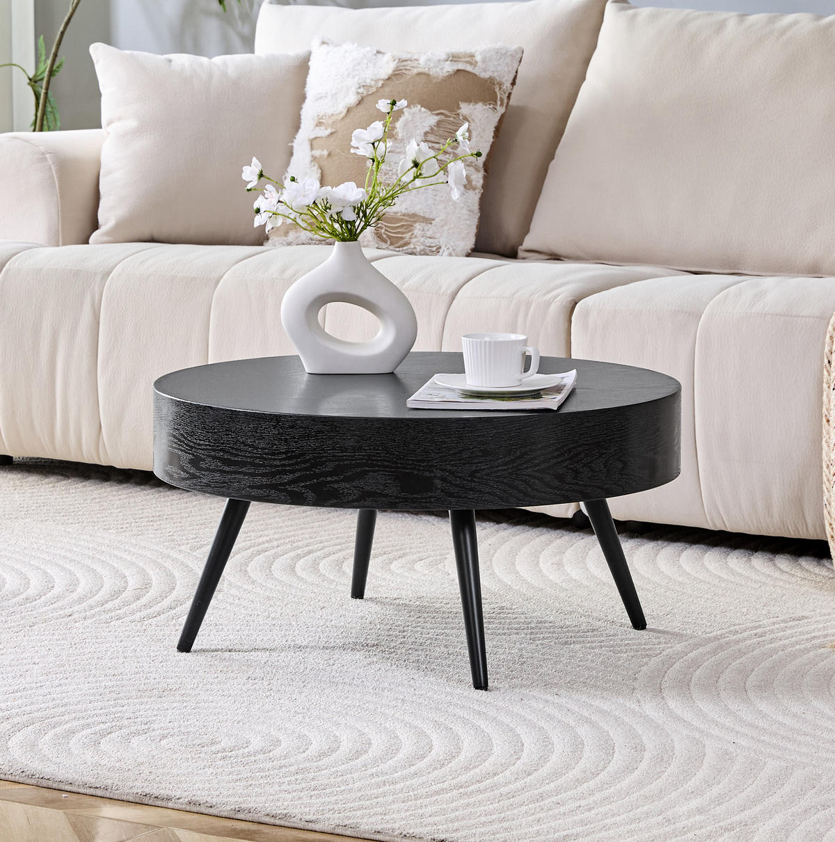 COUCHTISCH 70/70/35,5 cm mit runder Tischplatte, verstellbaren Füßen und MDF-Holzoptik, Schwarz - Schwarz, Holzwerkstoff (70/70/35.5cm) - Redom