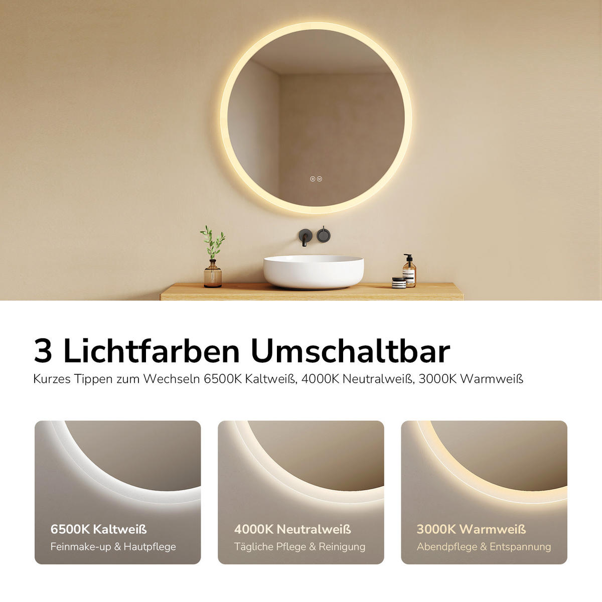 BADSPIEGEL Rund mit LED-Beleuchtung Lichtrand, 3 Lichtfarben, beschlagfrei, Ø 80 cm - Transparent, Glas (80/80/3.5cm) - EMKE