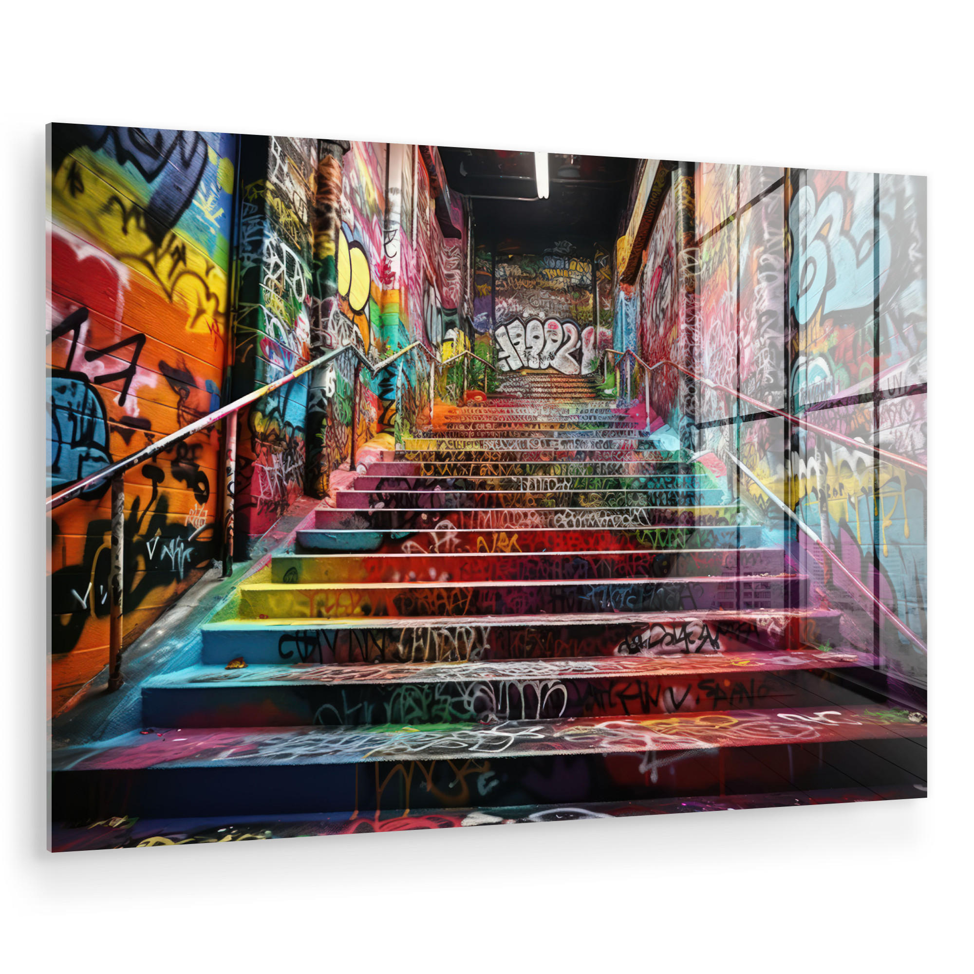 ACRYLGLASBILD Treppe - Graffiti - Farben - Kunst 120x80 cm - Multicolor, Glas (120/80cm) - MuchoWow
