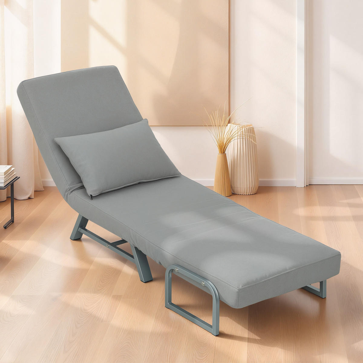 SCHLAFSESSEL 3-in-1 Sessel Bett-Funktion und Zierkissen, Hellgrau - Hellgrau/Grau, Textil/Metall (73/81/78cm) - HOMCOM