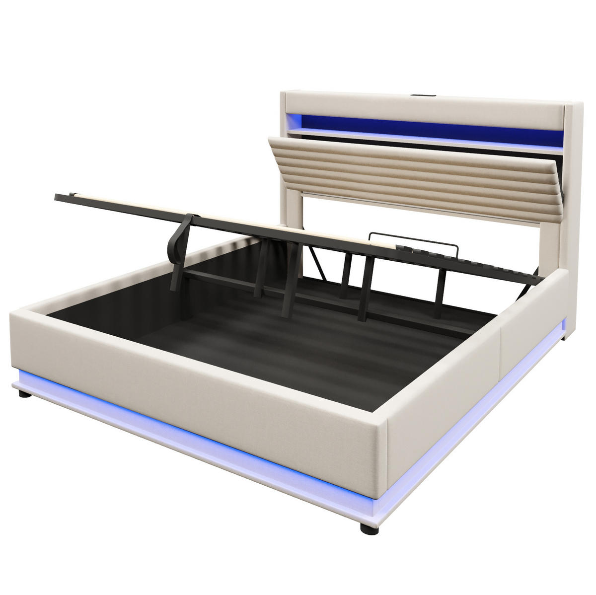 POLSTERBETT 180/200 cm Beige mit LED-Beleuchtung, USB- und Typ-C-Anschluss, hydraulischem Stauraum und Kopfteilfach - Beige, Textil (180/200cm) - OKMYHOME