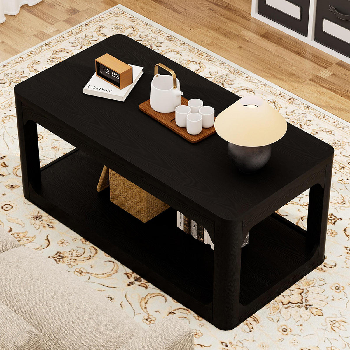 COUCHTISCH 100/50/44.5cm mit zwei Ablagefächern, modernes Design, Schwarz - Schwarz, Holz (100/50/44.5cm) - KOMHTOM