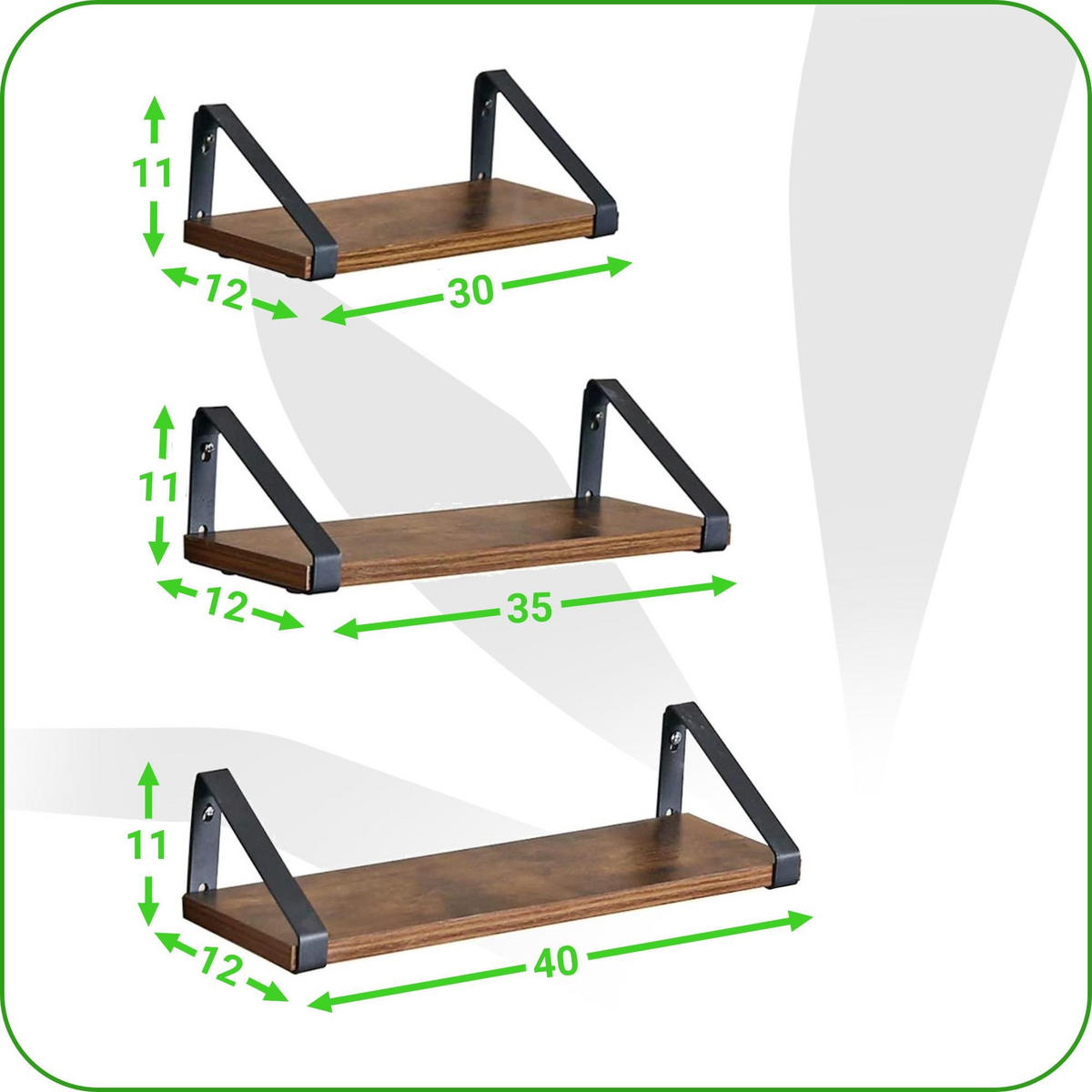 WANDREGAL Holzoptik Metall Dunkelbraun Schwarz 3-er Set 30/35/40x12x11 cm - Dunkelbraun/Schwarz, Holzwerkstoff/Metall (12/11/40cm) - Begryf
