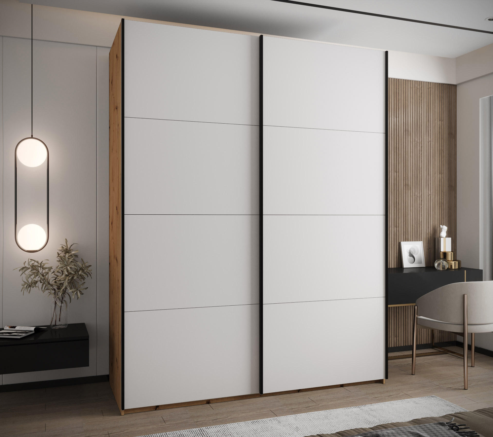 SCHWEBETÜRENSCHRANK 245,5/200/64 2-türig - Schwarz/Eiche Artisan, Holz/Metall (200/245/64cm) - Abiks Möbel