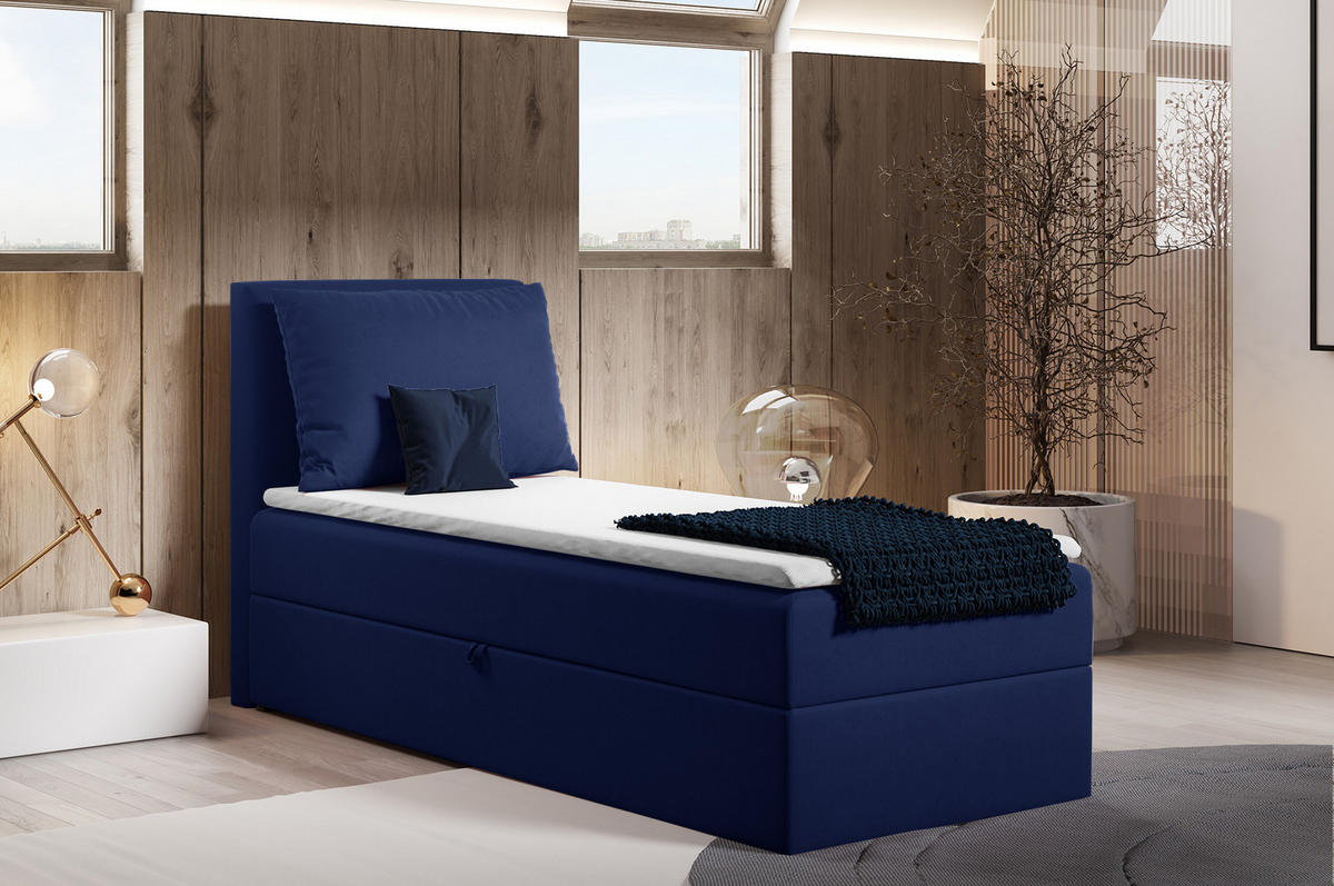 BOXBETT Egro Mini - 100x200 - blau (Kronos 09, Velvet) - Blau/Schwarz, Holz/Holzwerkstoff (100/200cm) - Sofnet