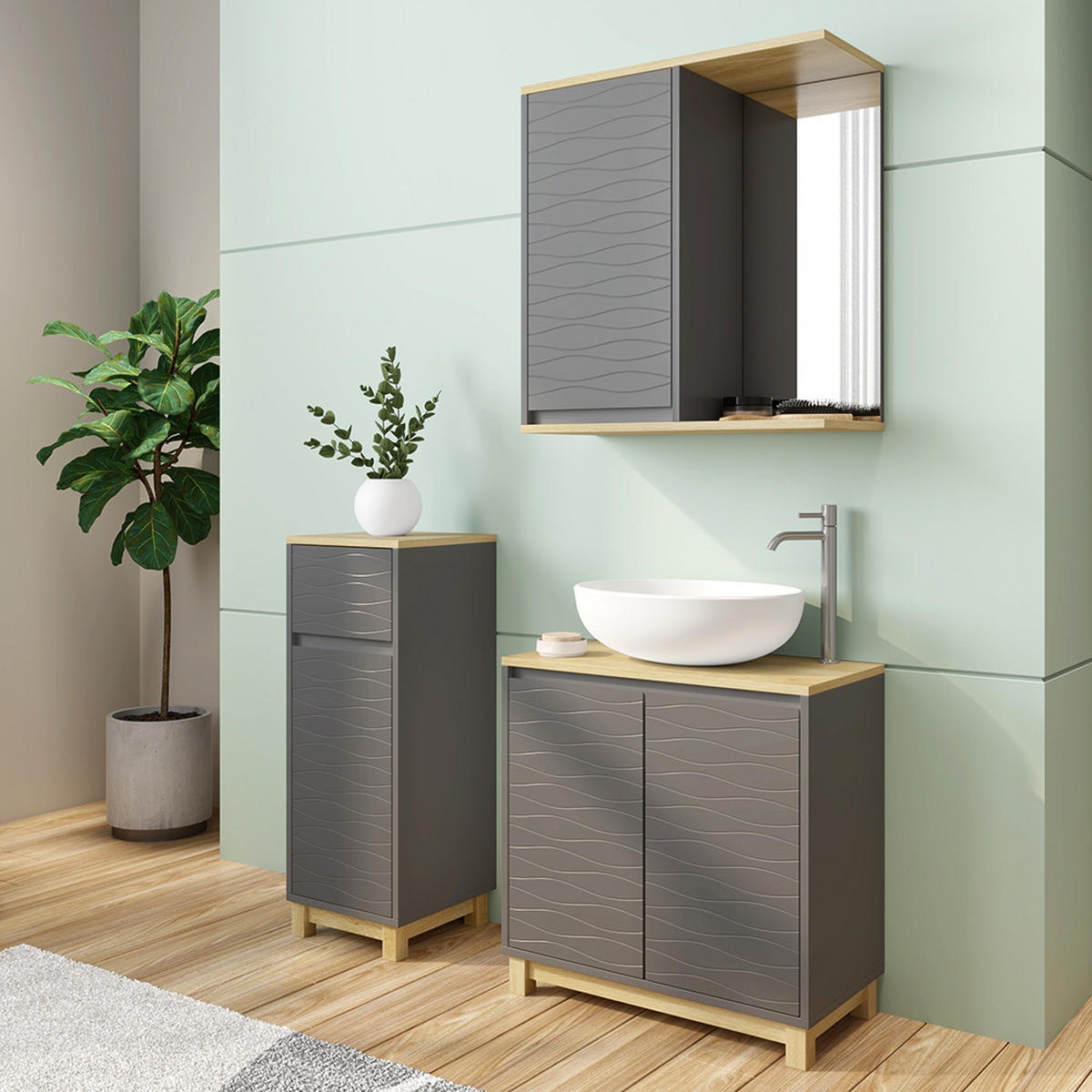 BADMÖBEL-SET Livia Anthrazit/Eiche 3 Teile, mit Midischrank - Eichefarben/Anthrazit, Holzwerkstoff (60/60/30cm) - Vicco