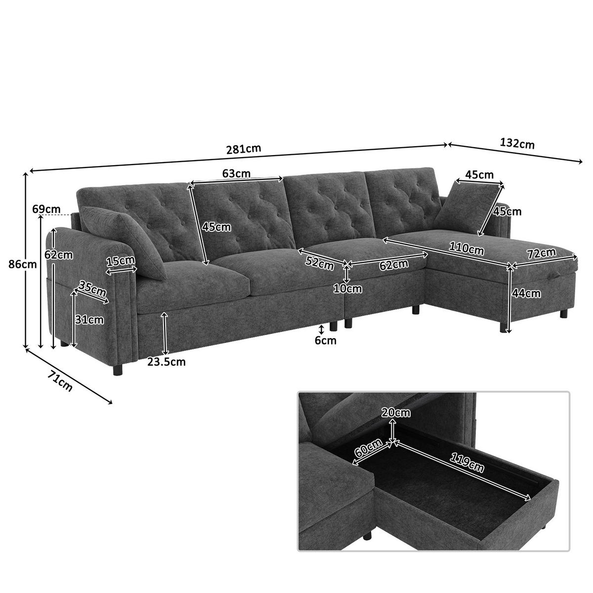 SOFA Grau L-Form Samt Stauraum Armlehne 281cm Knopfheftung - Grau, Textil (132/86/281cm) - FLIEKS