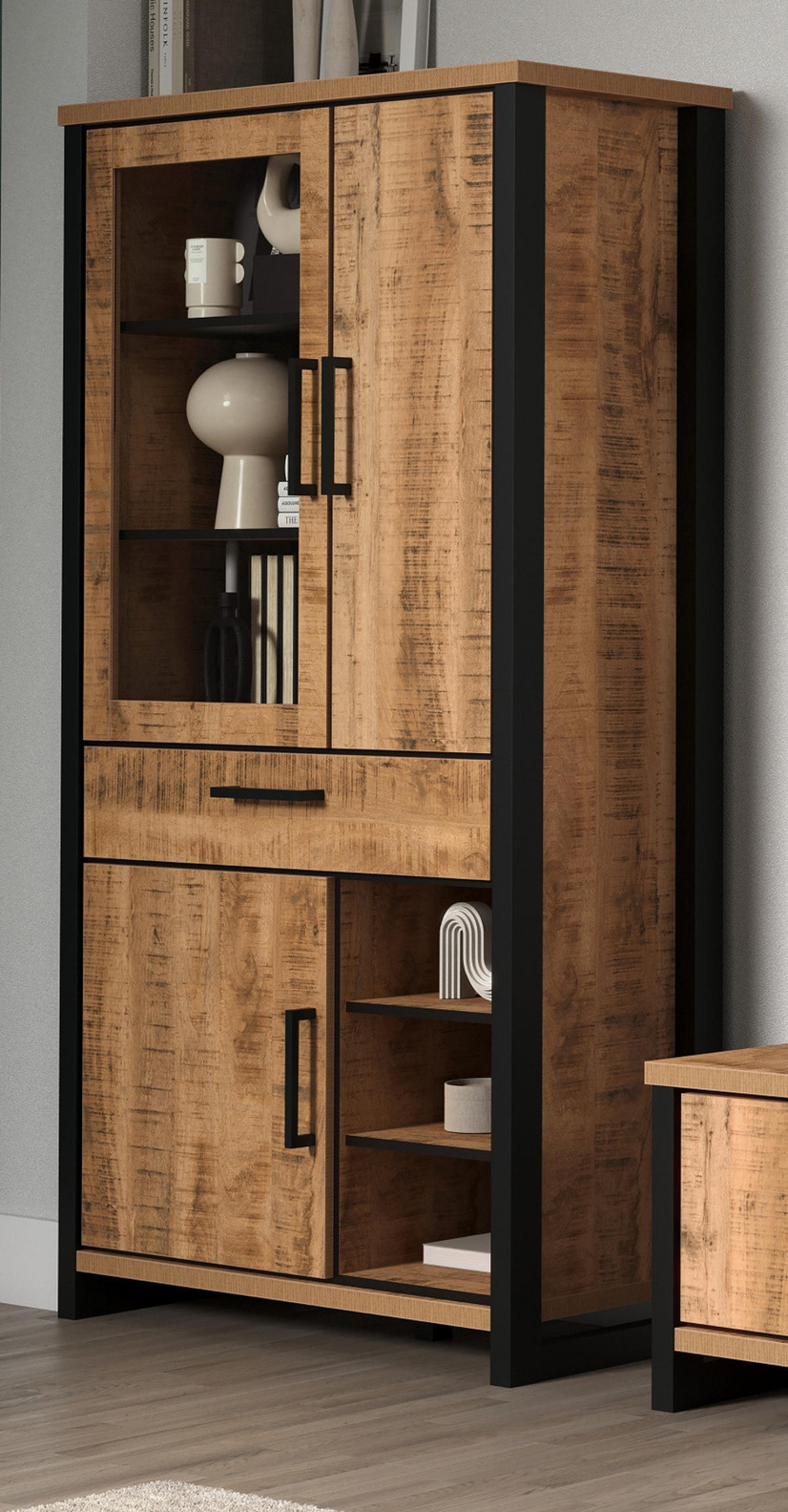 VITRINE Mango, schwarz 106 x 195 cm, Vitrinenschrank für Wohn- und Esszimmer - Schwarz/Naturfarben, Glas/Holzwerkstoff (106/195/45cm) - Top.Furn