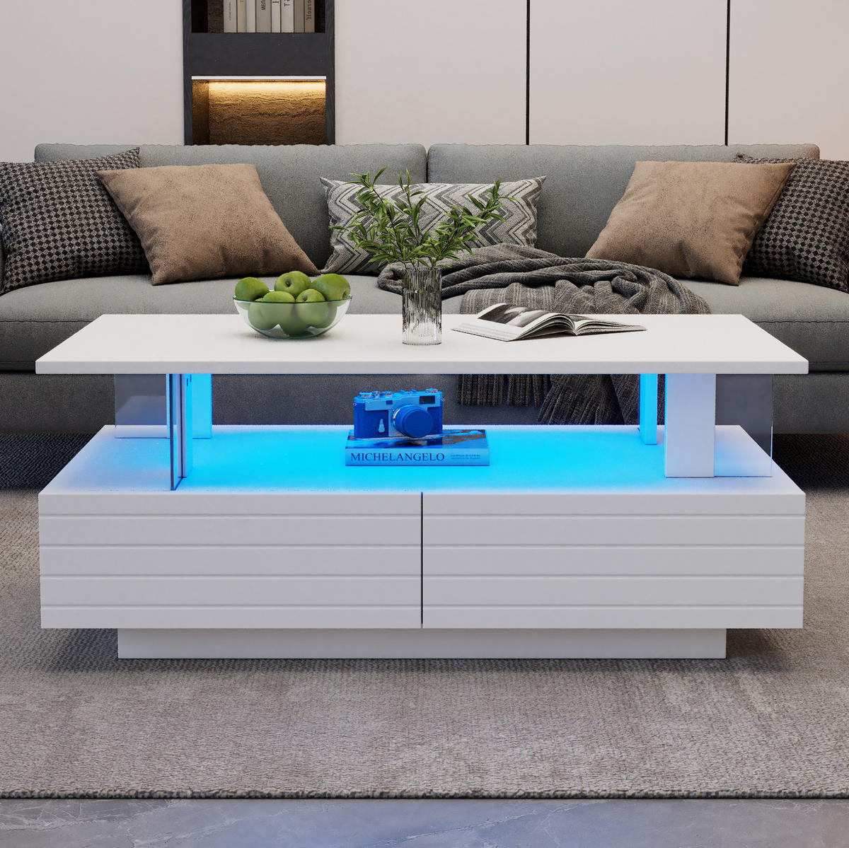 KONFERENČNÝ stolík LED 100/50/42 cm biely s úložným priestorom - biela, kompozitné drevo (100/50/42cm) - Flora Grace