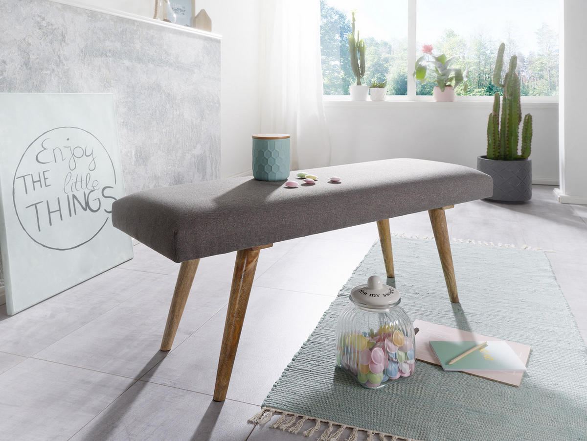 SITZBANK SILE Retro Stil Stoffbezug Massivholz, Grau 117x38x51 cm - Braun/Grau, Mangoholz/Textil (117/51/38cm) - KADIMA DESIGN