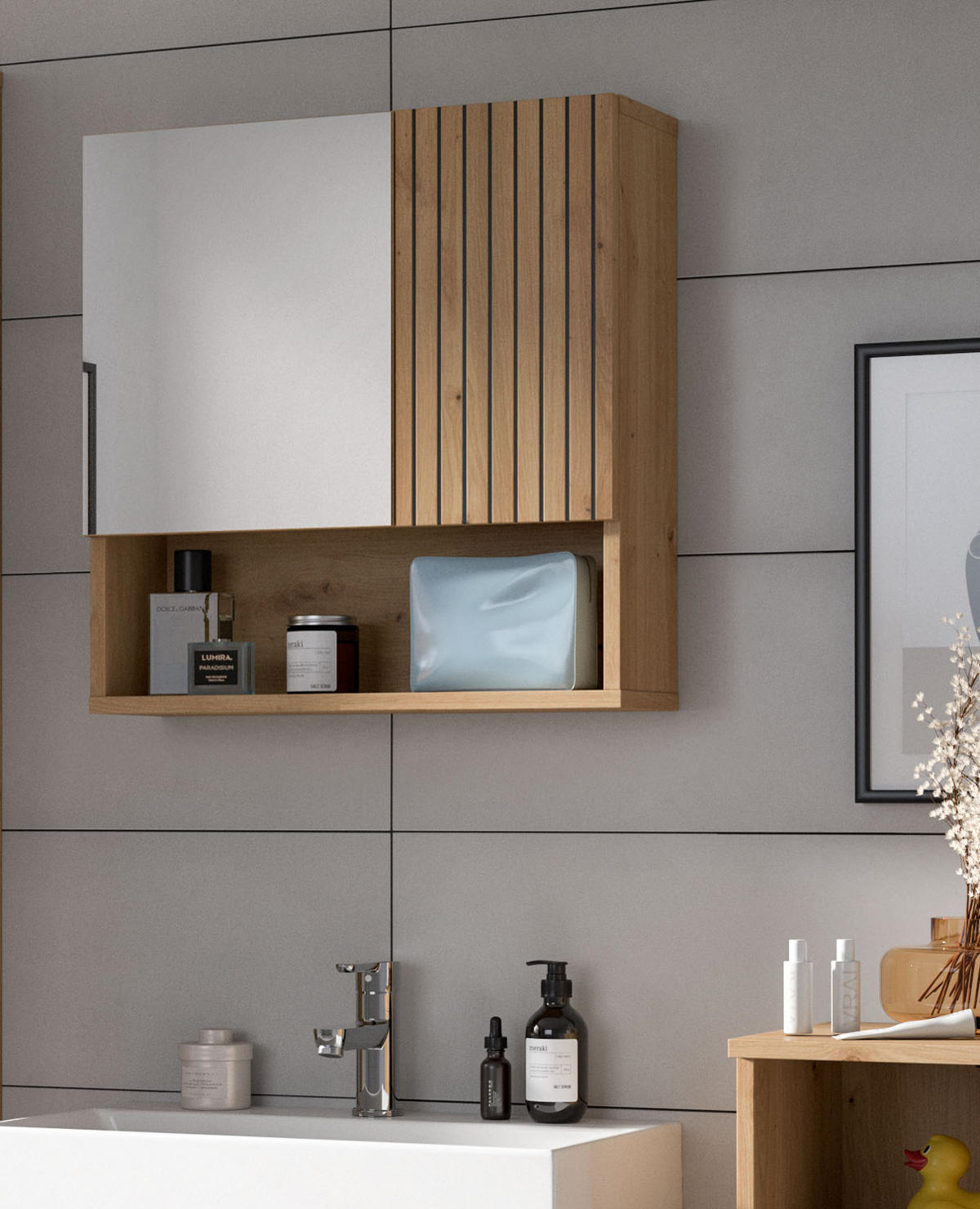 SPIEGELSCHRANK Eiche Artisan, 54 x 55 cm, Badezimmer Schrank mit Spiegel - Eiche Artisan, Glas/Holzwerkstoff (60/55/17cm) - Inn.Furn