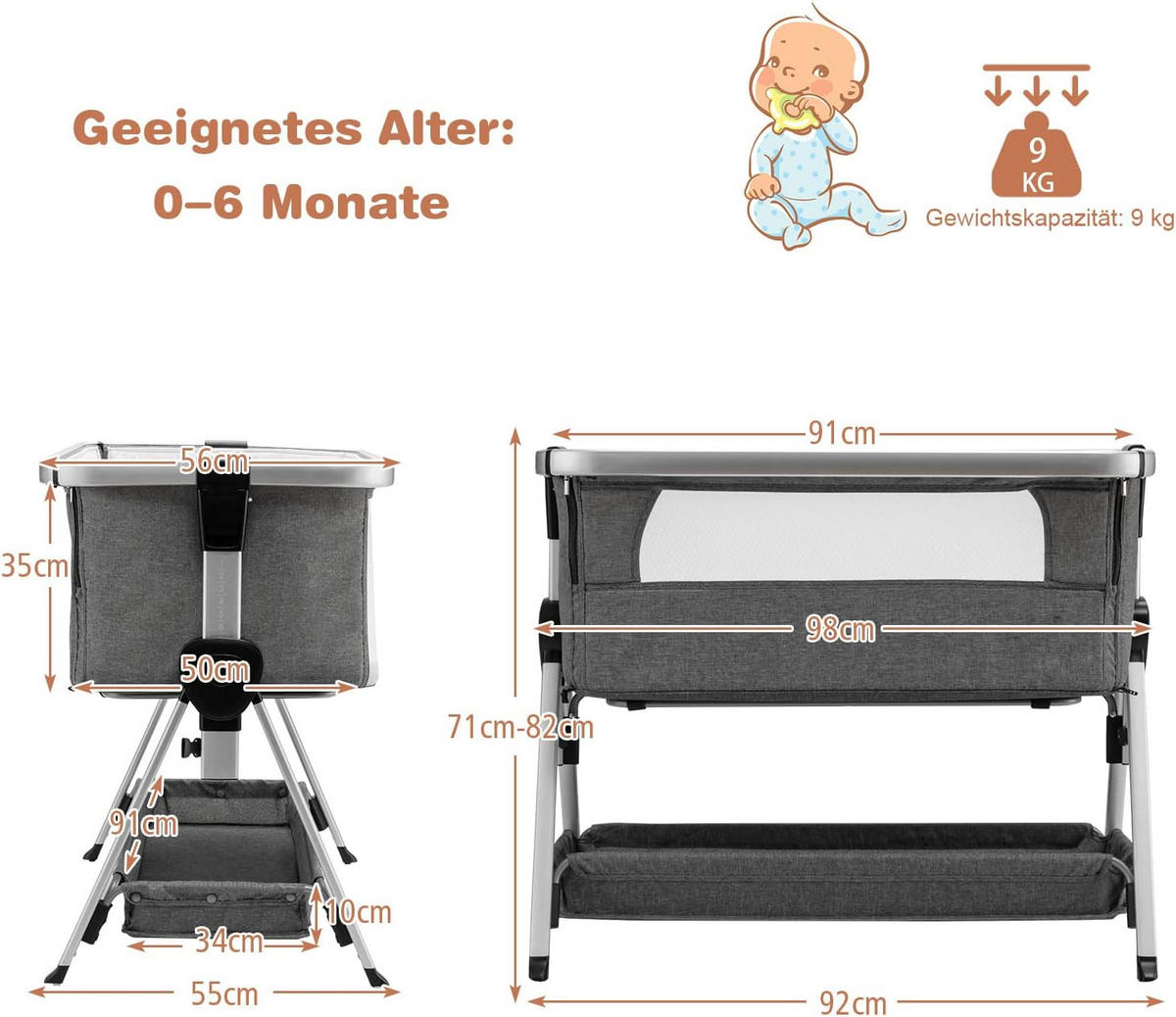 BABYBETT 2 in 1 Beistellbett+Reisebett klappbar Grau - Grau, Metall - COSTWAY