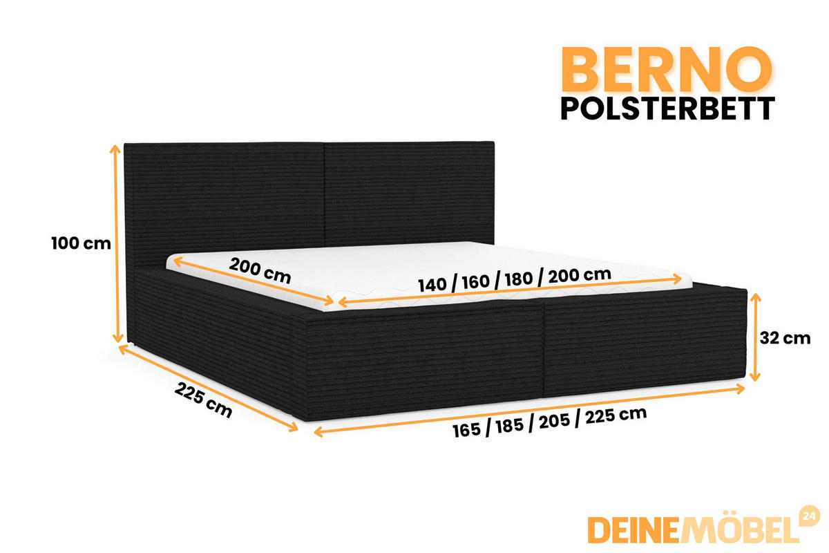 POLSTERBETT BERNO 200/200 in Cord Schwarz - Schwarz, Holz/Holzwerkstoff (200/200cm) - Deine Möbel 24