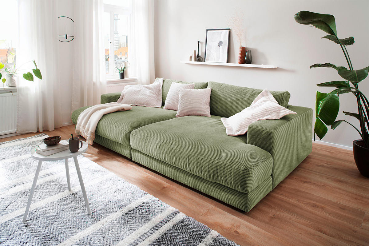BIG SOFA MIT TABLETT NATUR MADELINE Grün Cord - Schwarz/Olivgrün, Kunststoff/Textil (290/85/170cm) - KAWOLA