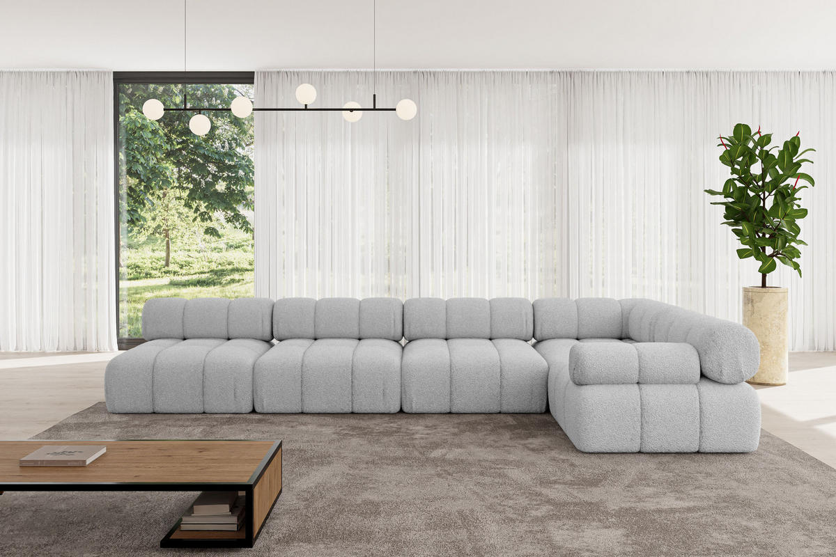 ECKSOFA modulares Sofa Mende-L3 - 380x190x70 cm Hellgrau Bouclé - Hellgrau, Holzwerkstoff/Textil (380/190cm) - ALTDECOR