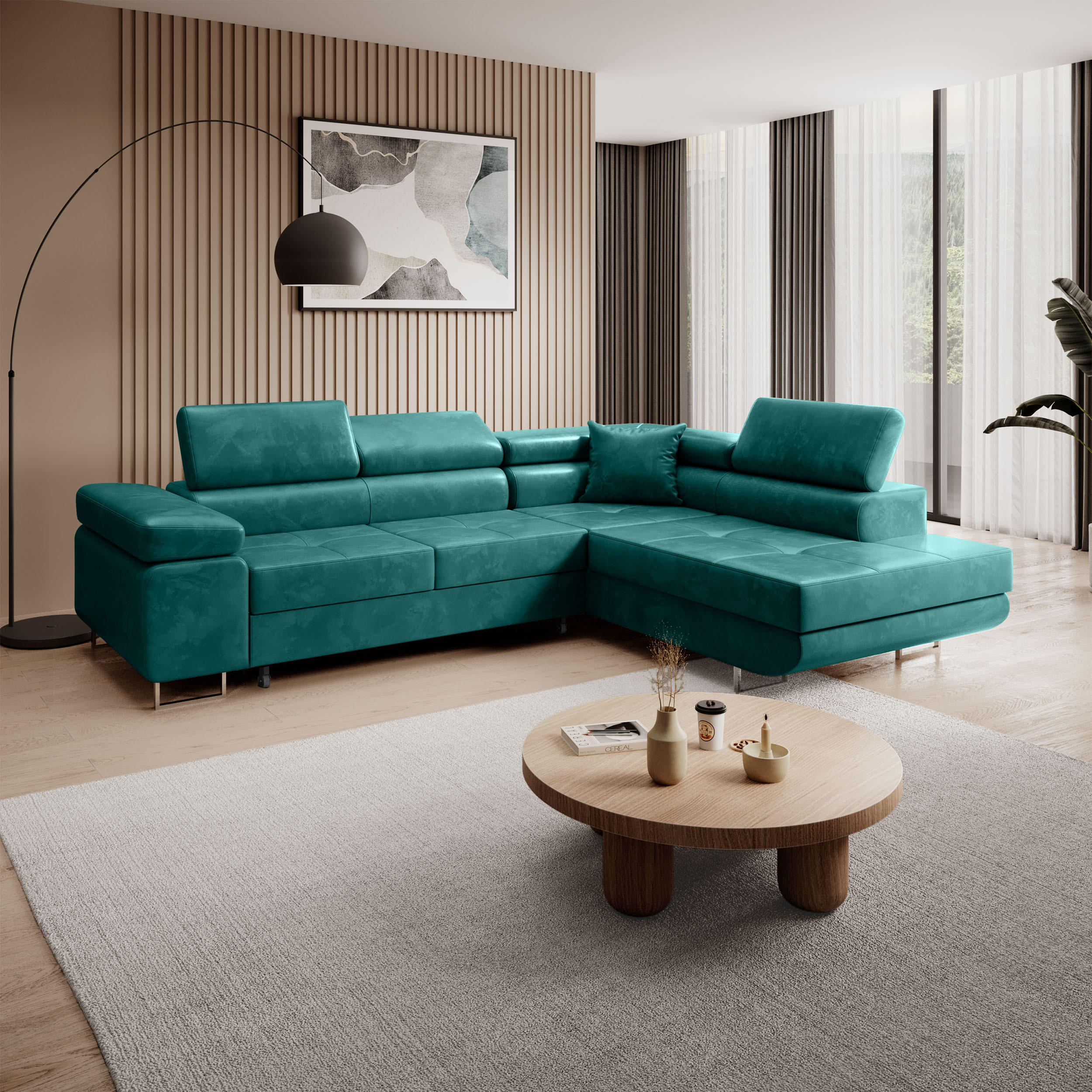 ECKSCHLAFSOFA Vild verstellbaren Kopfstützen, Dunkelgrün, rechts - Chromfarben/Dunkelgrün, Textil (275/203cm) - Beautysofa