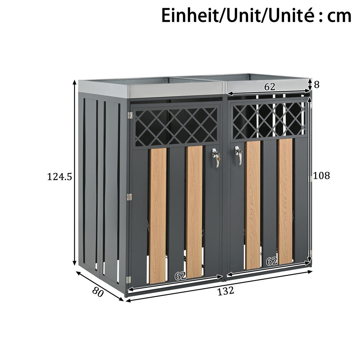 MÜLLTONNENBOX aus Stahl in Grau/Holzoptik mit Pflanzgefäß & Schloss - Grau, Metall (132/124.5/80cm) - Modfu