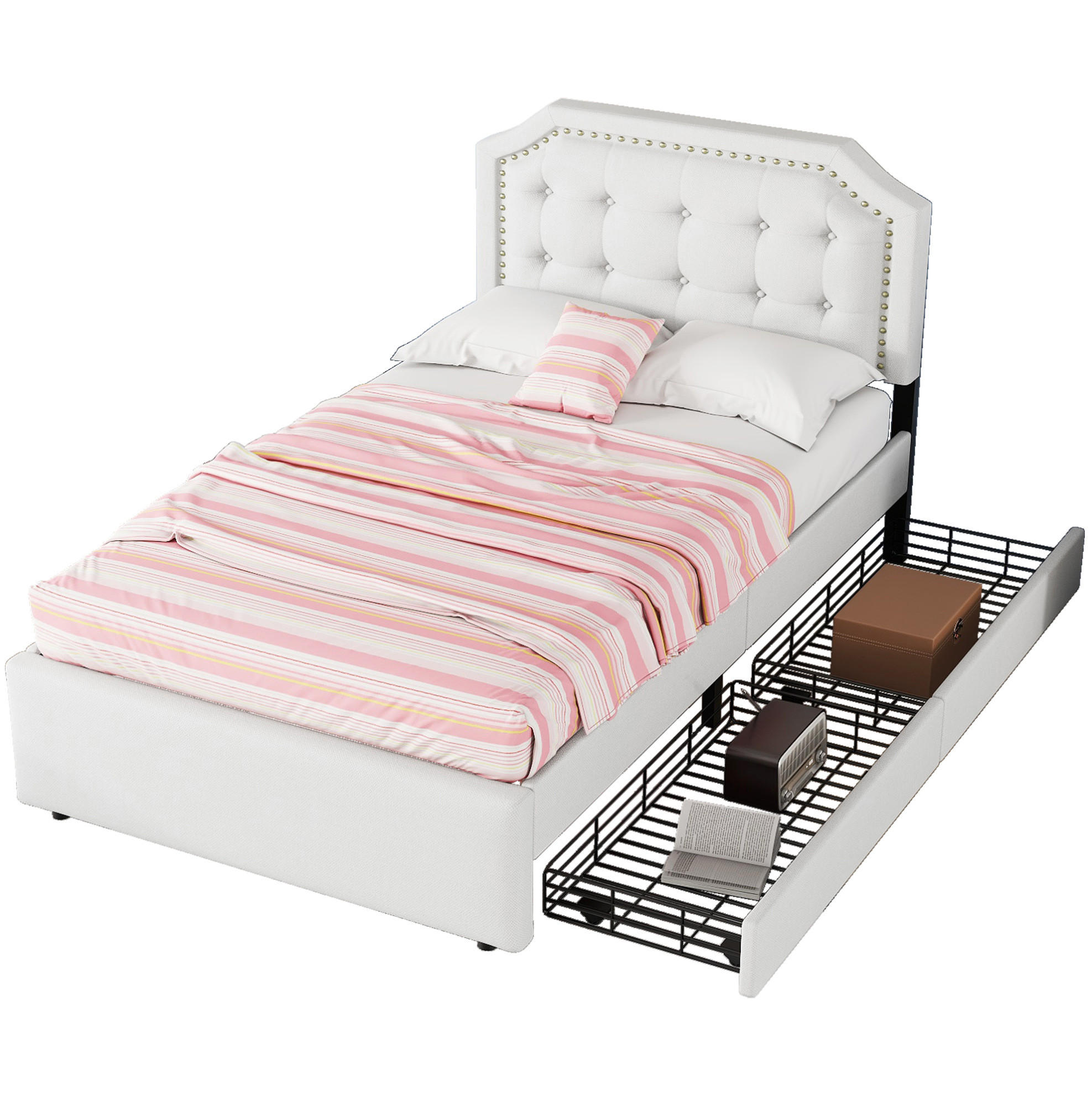 POLSTERBETT 90/200 cm Hellbeige aus MDF mit 2 Schubladen - Ecru, Holzwerkstoff (90/200cm) - OKMYHOME