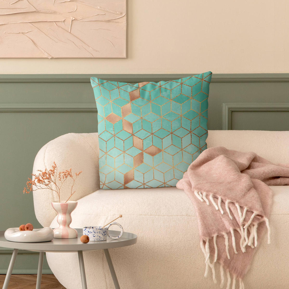 DEKOKISSEN Türkis Weiß goldene Geometrie 40/40 cm - Türkis, Textil (40/40/10cm) - Bilderwelten