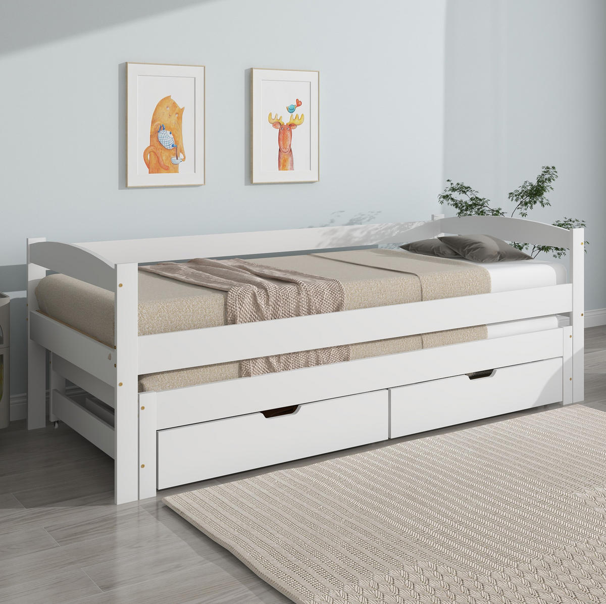 TAGESBETT 90/200 cm mit Ausziehbett und 2 Schubladen in Weiß - Weiß, Holzwerkstoff (90/200cm) - BEAOK