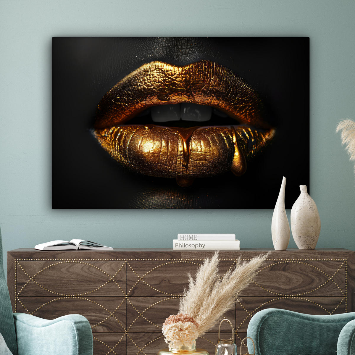 LEINWANDBILD Frau - Porträt - Lippen - Gold - Schwarz Groß 140x90 cm - Schwarz, Textil (140/90cm) - MuchoWow