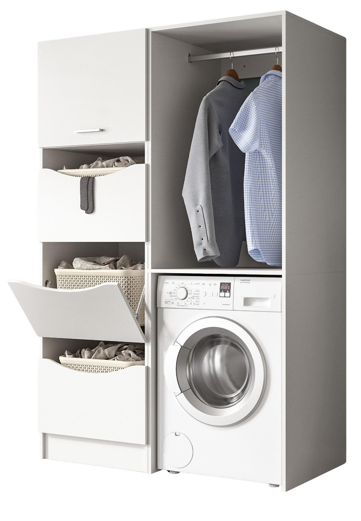 WASCHMASCHINENSCHRANK weiß Set 2-teilig 126 cm, Waschmaschinenumbau mit viel Stauraum - Silberfarben/Weiß, Glas/Holzwerkstoff (126/196/68cm) - Inn.Furn