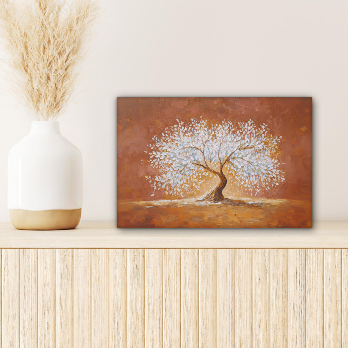 LEINWANDBILD Abstrakt - Baum - Weiß - Blätter Deko Schlafzimmer 30x20 cm - Braun, Textil (30/20cm) - MuchoWow