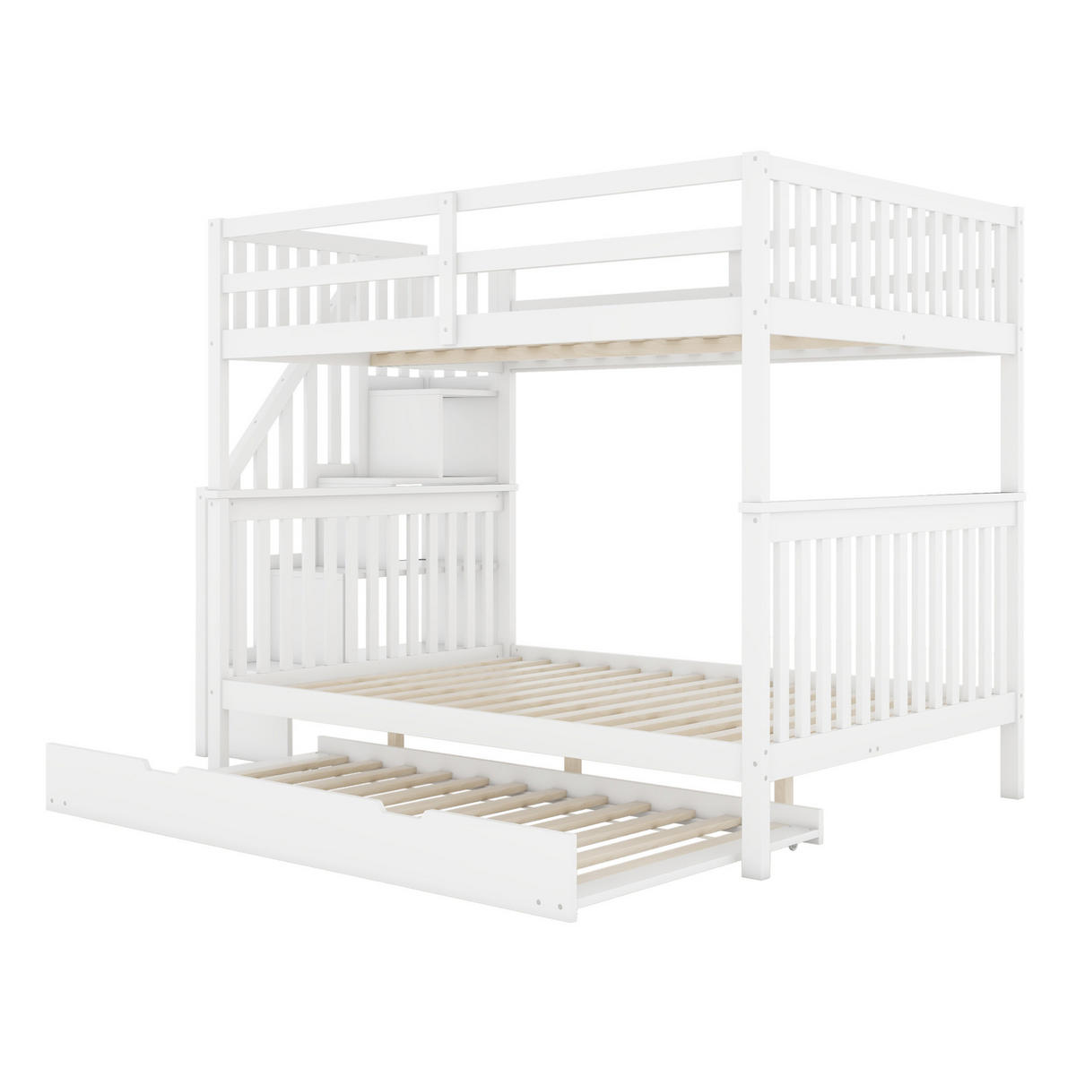 POSCHODOVÁ posteľ 140/200 cm biela s výsuvným lôžkom a schodovým regálom z borovice a MDF - biela, drevo (140/200cm) - OKWISH