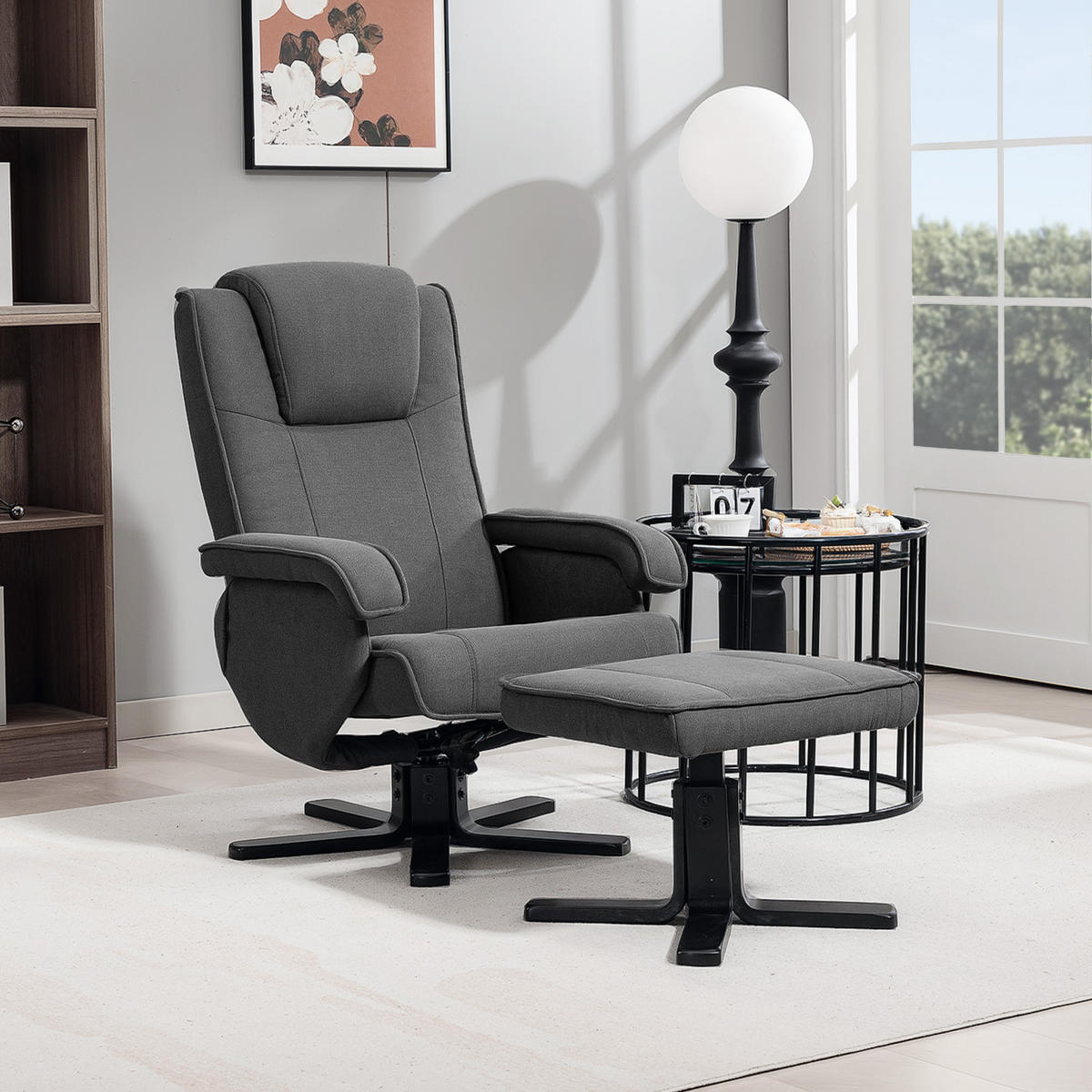 RELAXSESSEL mit Hocker, drehbarer Fernsehsessel mit Liegefunktion, Wippfunktion - Dunkelgrau, Kunststoff (67/96/87cm) - HOMCOM