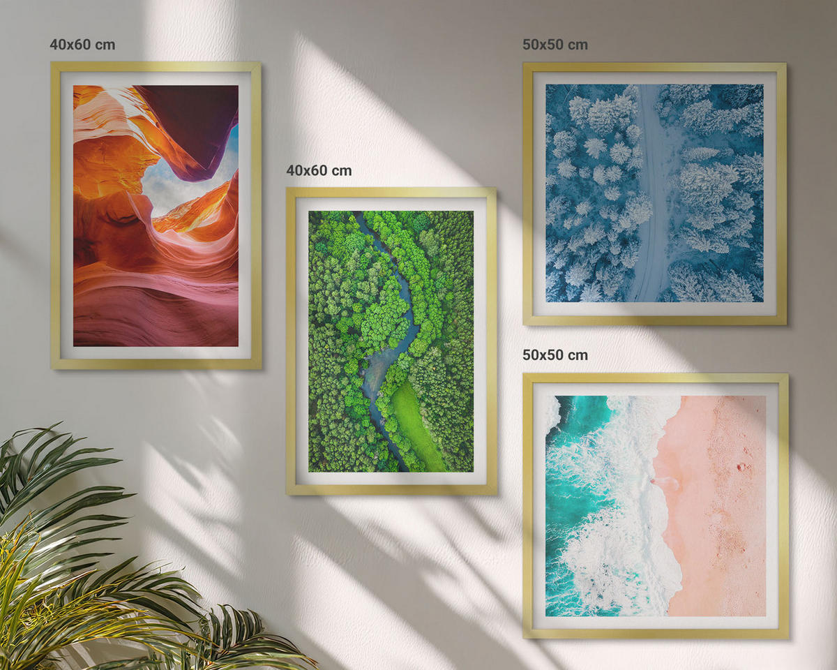WANDBILDER 4er Set - 50x50 cm & 40x60 cm Goldrahmen - Grün der Wasserschlucht im Winter - Goldfarben, Kunststoff (50/50cm) - ArtPrintCave