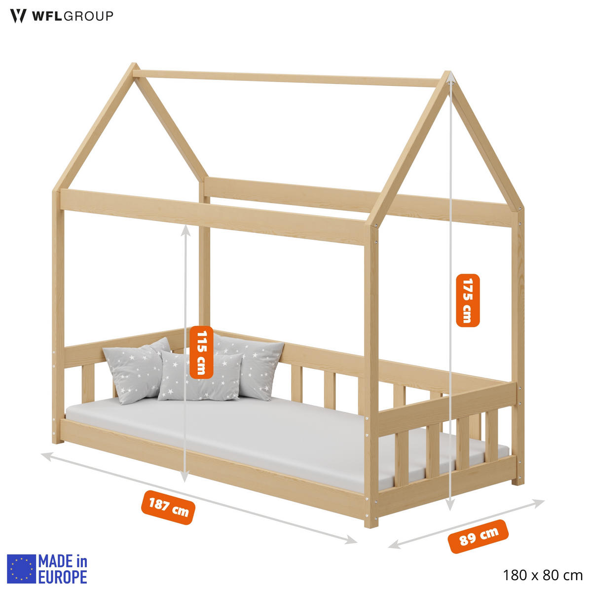 HAUSBETT Domi aus Holz, Grau 80x180 cm - Grau, Holz (180/80cm) - WFL GROUP