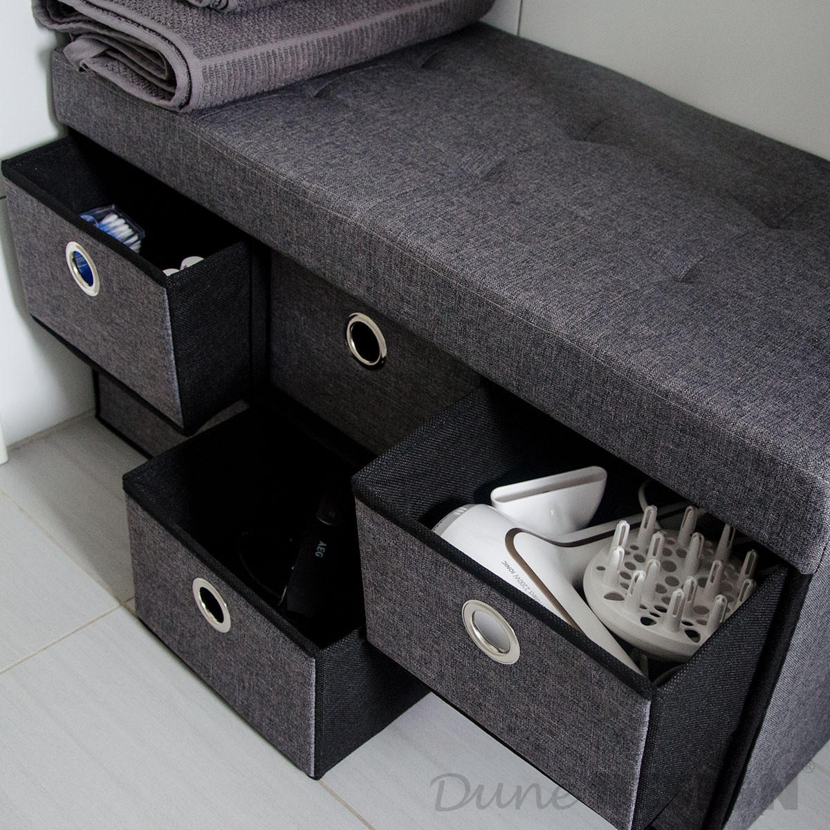 SITZBANK Faltbar, 76/38/38 cm, mit 6 Schubladen, 80 Liter, Dunkelgrau - Grau, Textil (38/38/76cm) - Dunedesign